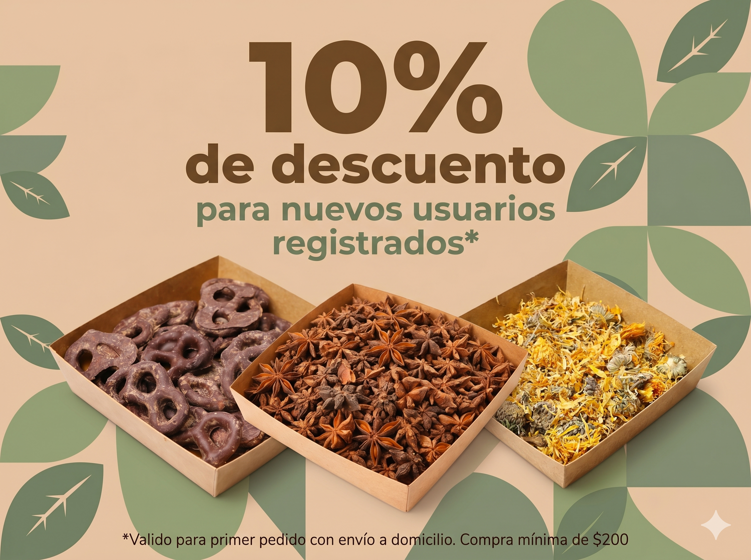 10% de descuento para nuevos usuarios registrados en su primer pedido. Compra mínima de $200