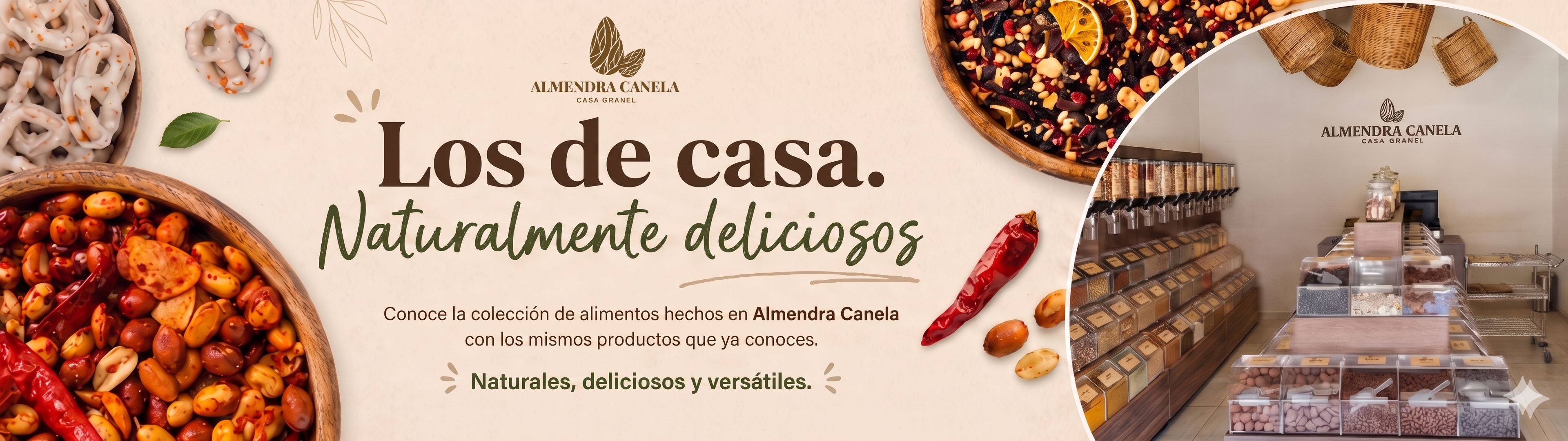 Los de casa. Naturalmente deliciosos. Conoce la colección de alimentos hechos en Almendra Canela con los mismos productos que ya conoces. Naturales, deliciosos y versátiles.